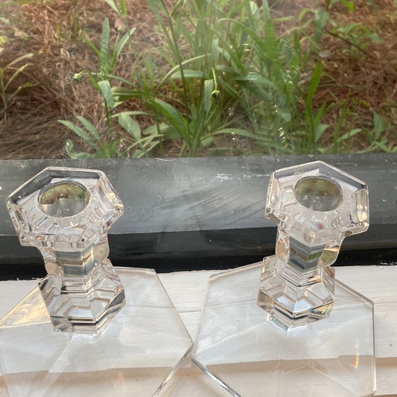 Pair of Val St Lambert Belgium Crystal Candle Holders the smaller height.Perfect - Picture 6 of 6